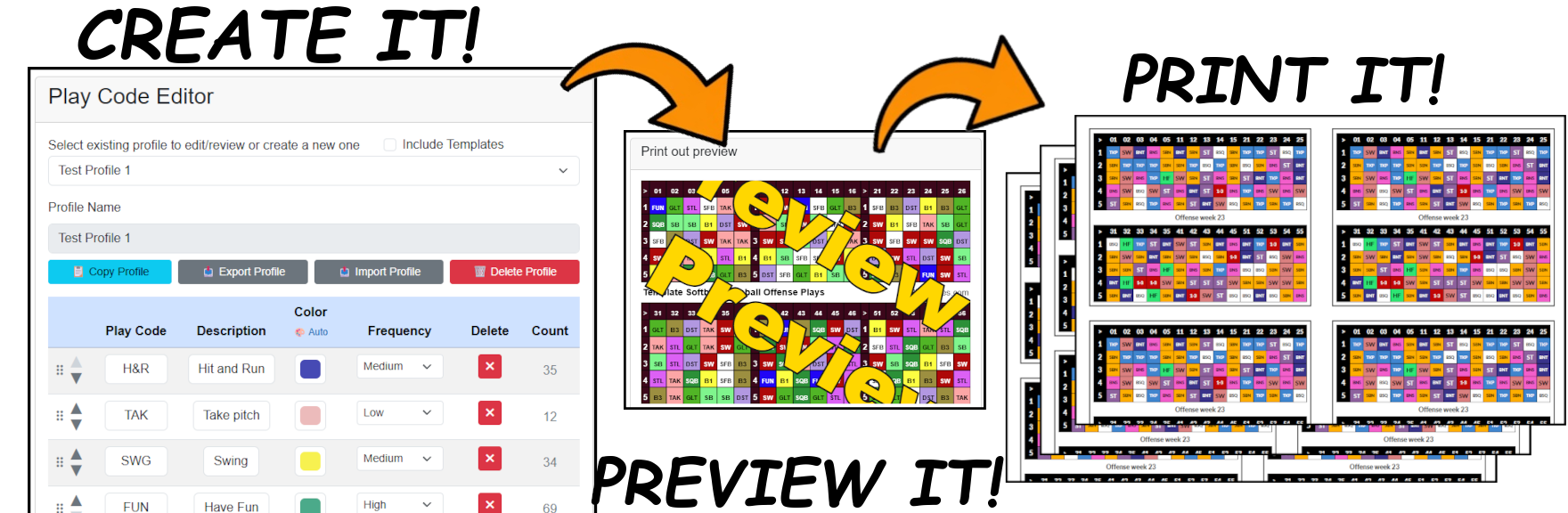 Create, preview, and print play codes